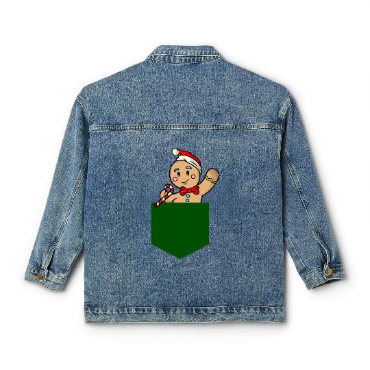 Christmas gingerbread man in breast pocket gift Classic Women's Denim Jackets