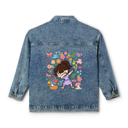 Dabbing Girl Hippie Flower Bouquet Basket Spring Classic Women's Denim Jackets