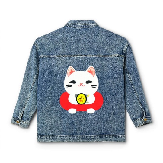 Kawaii Maneki Neko Cat Illustration Classic Women's Denim Jackets