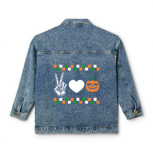 Halloween Classic Women's Denim Jackets, Peace Love Pumpkin Skeleton Hand