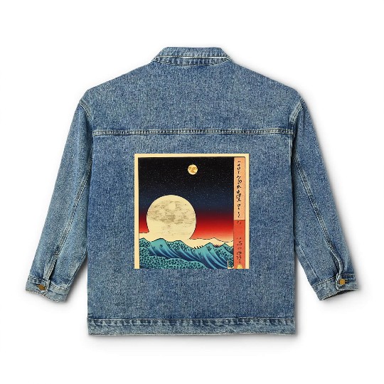 Ukiyo-e Moon over Mountain Range, Japanese Print Classic Women's Denim Jackets