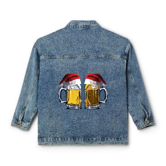 Festive Beer Mugs with Santa Hats Classic Women's Denim Jackets