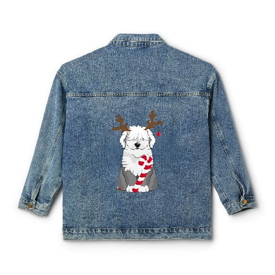 Bobtail dog with candy cane and reindeer antlers Classic Women's Denim Jackets
