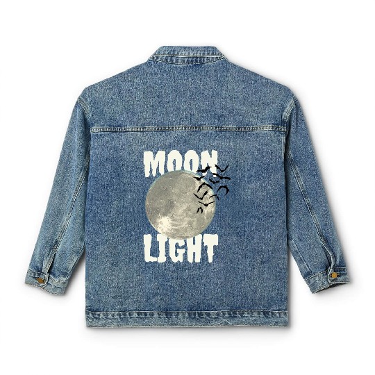 Dark Green Illustrated Moon Light Bat Classic Women's Denim Jackets