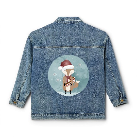 cute fox for Christmas with candy cane Classic Women's Denim Jackets
