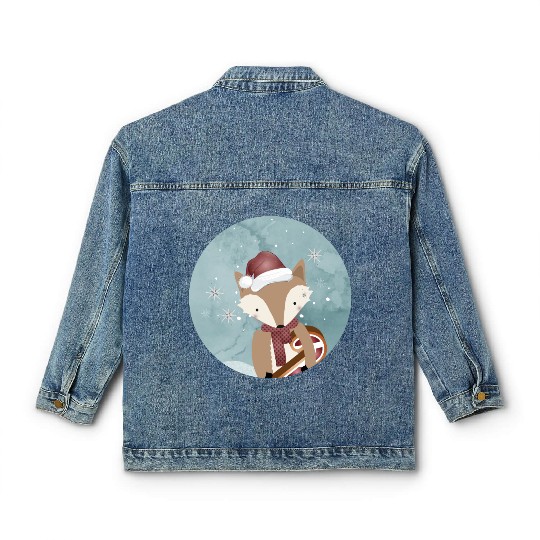cute fox for Christmas with Santa hat Classic Women's Denim Jackets