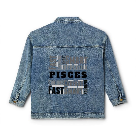 Pisces Zodiac Star Sign Word Cloud Square Monochro Classic Women's Denim Jackets