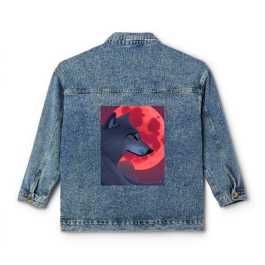 A Grey Wolf Staring at a Blood Moon Classic Women's Denim Jackets