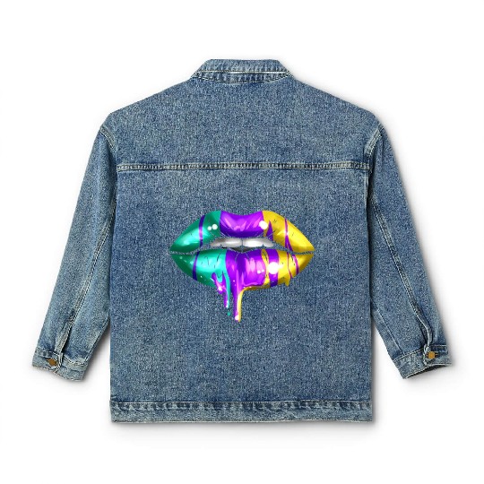 Big Lips In Green, Purple And Yellow Golden For Classic Women's Denim Jackets