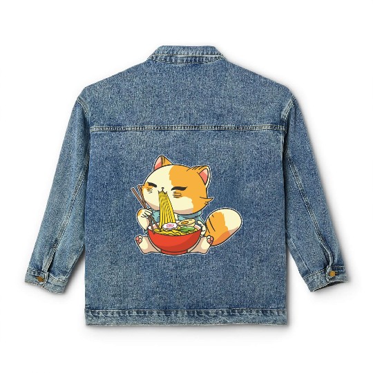 Cat Ramen Bowl Anime Kawaii Neko Japanese Noodles Classic Women's Denim Jackets
