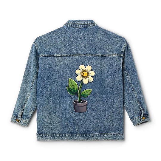 Cartoon-Style Flower Pot - A Burst of Color Classic Women's Denim Jackets