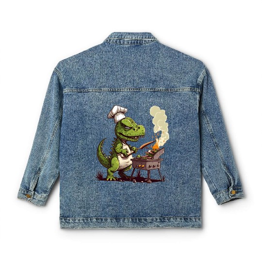 Baby Dinosaur Using A Charcoal Grill Cooking Meat Classic Women's Denim Jackets