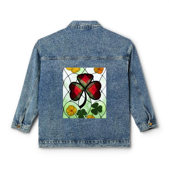 Red plaid Shamrock with Yellow Poppies (AI Art) Classic Women's Denim Jackets