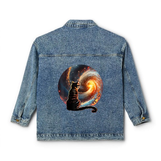 Cat Staring at a Galaxy Cat Dad Cat Lover Classic Women's Denim Jackets