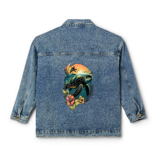 Turtle Hawaiian Sea Turtles Hibiscus Flower Classic Women's Denim Jackets