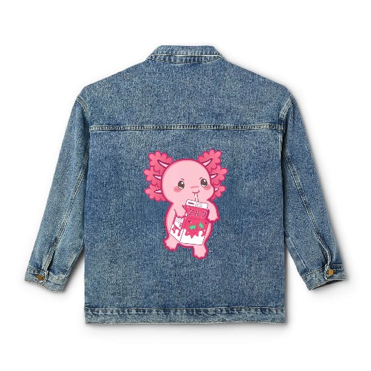 Kawaii Axolotl Strawberry Milk Teen Girl Kids Japa Classic Women's Denim Jackets