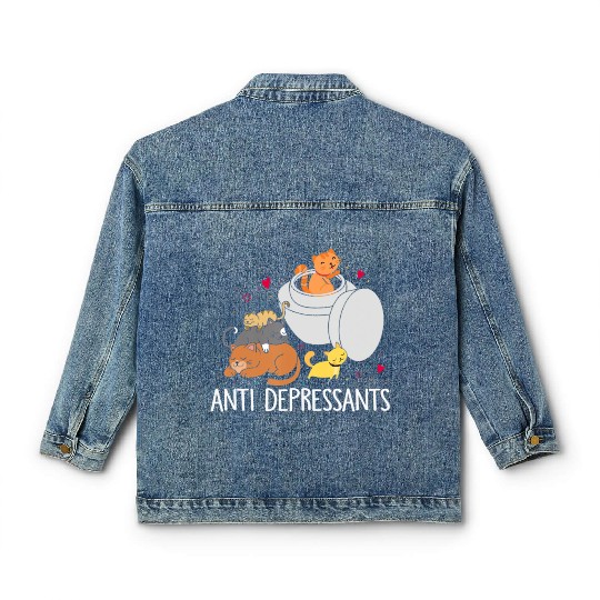 Funny Anti Depressants Cat Lover Sobriety Drug Fre Classic Women's Denim Jackets