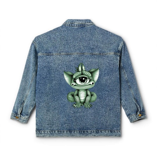 cute adorable one eyed dragon green Classic Women's Denim Jackets