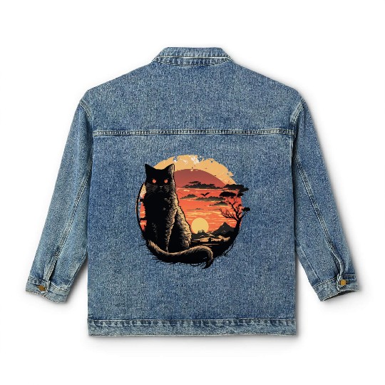 Catzilla Vintage Funny Cute black Cat Art Japanese Classic Women's Denim Jackets