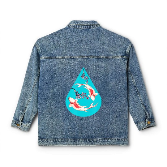 Serenity Koi Fish Raindrop Cheri Blossom Zen Classic Women's Denim Jackets