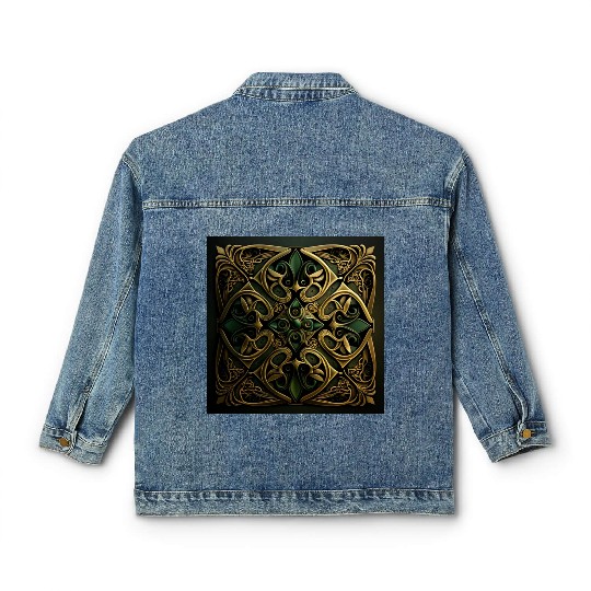 Green Bronze Ornamental Plaid Decoration Pattern Classic Women's Denim Jackets
