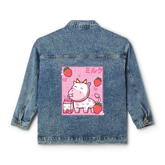 Kawaii Pink Strawberry Cow Milk Shake Otaku Anime Classic Women's Denim Jackets