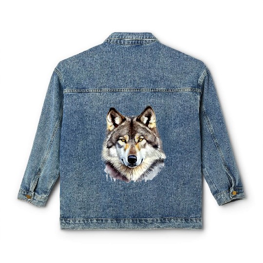 Watercolor Grey Wolf Portrait Classic Women's Denim Jackets