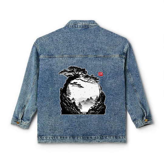 Japanese Zen Circle Landscape Buddhism Bonsai Tree Classic Women's Denim Jackets