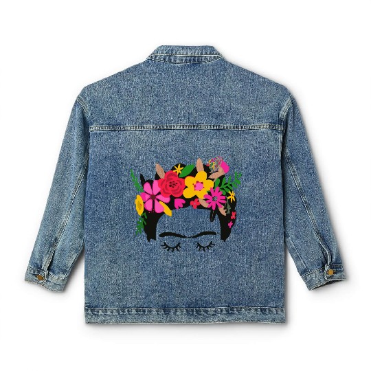 Frida Kahlo Illustration Floral Boho Style Mexican Classic Women's Denim Jackets