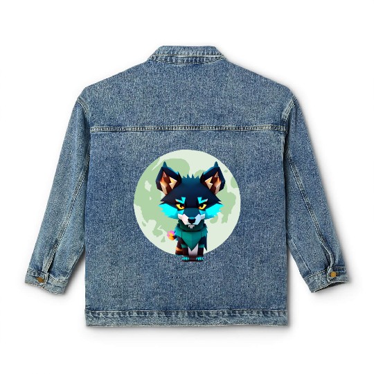 Cute Wolf Moon Graphic Classic Women's Denim Jackets
