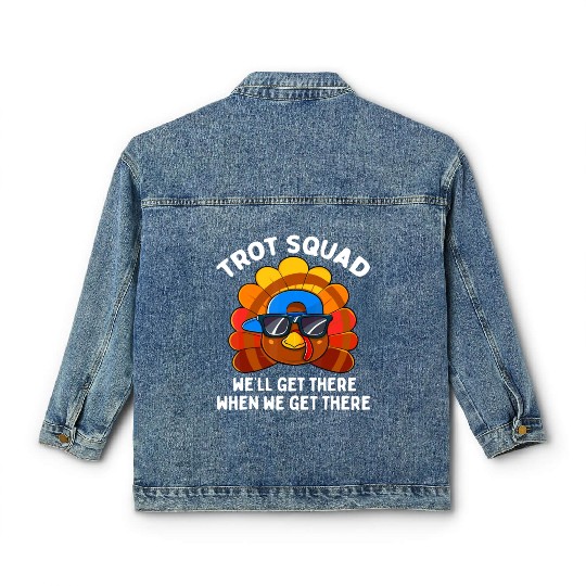 Turkey Trot Squad Funny Thanksgiving Running Costu Classic Women's Denim Jackets