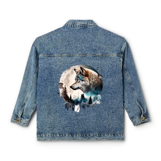 Wolf Moonlight Forest Wild Werewolf Watercolor Classic Women's Denim Jackets