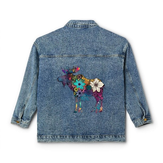 Floral Moose Elk Deer Wild Animal Watercolor Classic Women's Denim Jackets