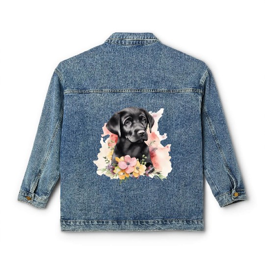 Black Lab Dog Watercolor Floral Classic Women's Denim Jackets