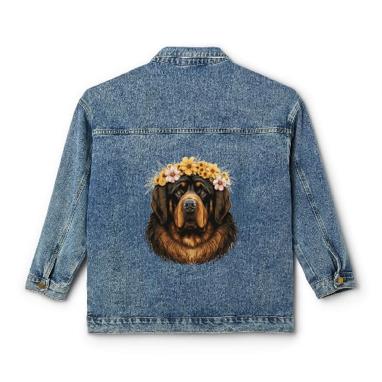 Tibetan Mastiff Flower Crown Floral Farm Animal Pe Classic Women's Denim Jackets