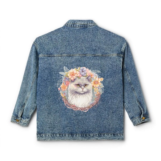 Cute Persian Cat Flower Crown Cats Pet Kitten Classic Women's Denim Jackets