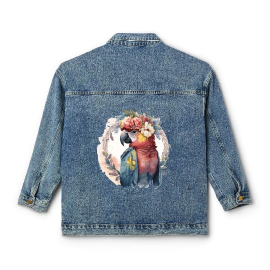 Watercolor Parrot Macaw Bird Flower Crown Pet Bird Classic Women's Denim Jackets