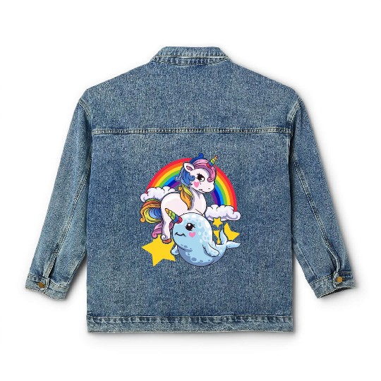 Cute Horned Narwhal And Unicorn Animal Friends Classic Women's Denim Jackets