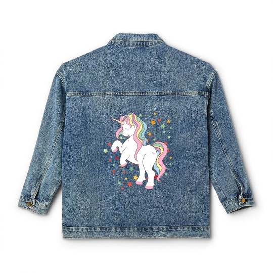 Cute Rearing Rainbow Unicorn Falling Stars Classic Women's Denim Jackets