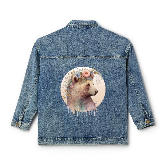Brown Bear Watercolor Grizzly Bear Flower Crown Wi Classic Women's Denim Jackets
