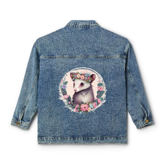 Cute Possum Flower Crown Floral Watercolor Classic Women's Denim Jackets