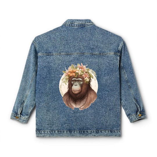Cute Watercolor Orangutan Flower Crown Floral Classic Women's Denim Jackets