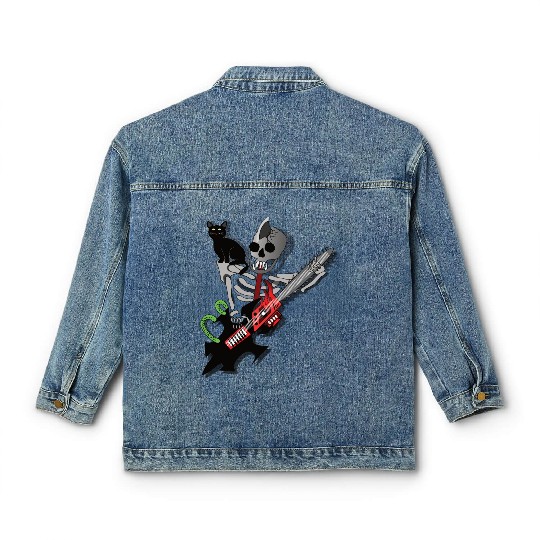 Human Skeleton guitarist with his cat Classic Women's Denim Jackets