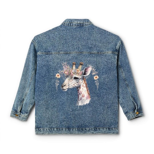 Watercolor Giraffe Flower Crown Exotic Animal Flor Classic Women's Denim Jackets