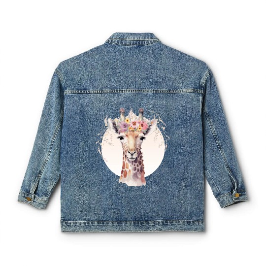 Cute Giraffe Flower Crown Africa Safari Animal Classic Women's Denim Jackets