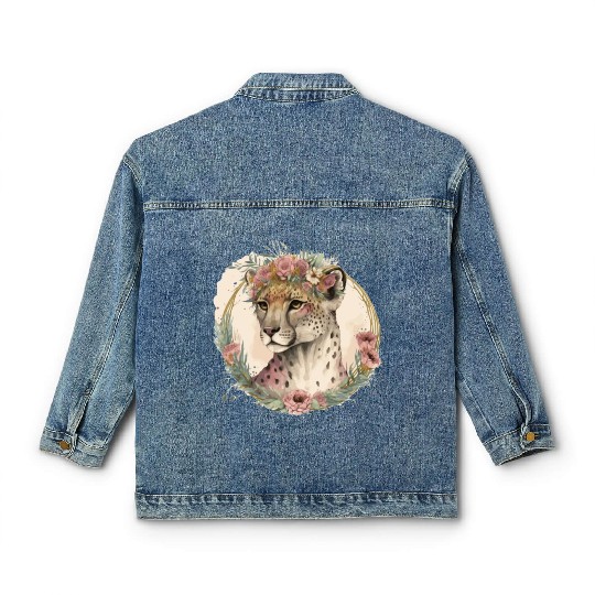Cute Watercolor Cheetah Flower Crown Safari Animal Classic Women's Denim Jackets