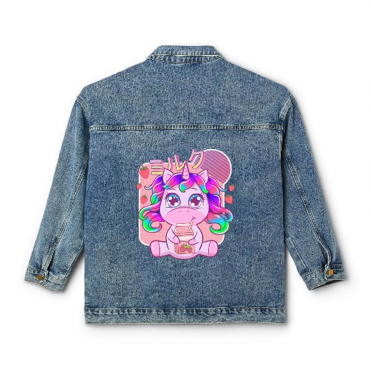 Funny Kawaii Unicorn Strawberry Milk Shake Classic Women's Denim Jackets