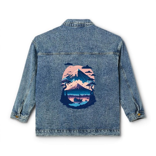 Serene Mount Fuji Sunset Peaceful River Scenery Classic Women's Denim Jackets