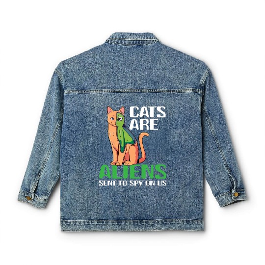 Cats Are Aliens Funny Cat Owner Astronomy Lover Classic Women's Denim Jackets