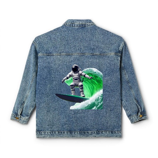 Green waves surfing astronaut Classic Women's Denim Jackets